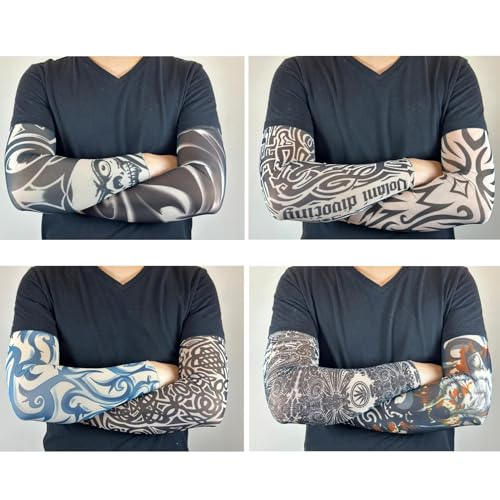 Fake Tattoo Sleeves for Men, 8 Pcs UV Protection Cooling Temporary Arm Buddha Dragon Flower Monster Tribal Sleeves