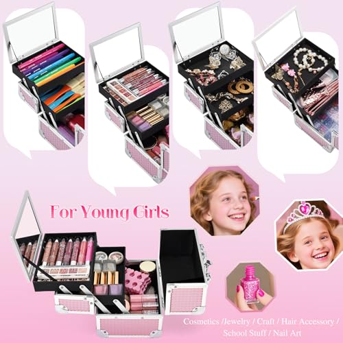 Joligrace Makeup Case Portable Makeup Box Travel Train Case Cosmetic Case Organizer with 2 trays Mirror Locking Make Up Storage Vanity Craft Nail Case Traveling Cosmetic Box for Girls Pink