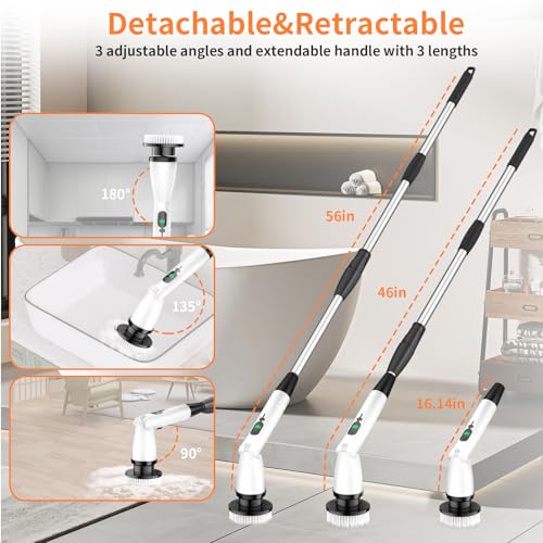 11 in 1 Electric Spin Scrubber Cordless Cleaning Brush 3 Adjustable Angles 2 Adjustable Speeds LED Display Shower Cleaner Brush Supplies Extension Long Handle for Bathroom Floor Tile Toilet Waterproof