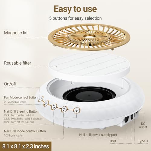 2 in 1 Nail Dust Collector Quiet , 5000RPM Vacuum Fan Extractor with Reusable Filter & 30000RPM Electric Nail Drill File Professional with 6 Bits - Home/Salon Use, Pros Tech & Beginners