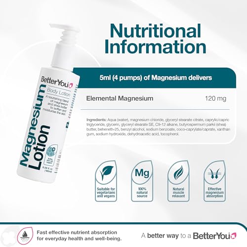 BetterYou Magnesium Body Lotion - Body Cream with Magnesium And Shea Butter - Softens Skin, Relaxes Muscles - Nourishing And Lightweight - 6.08 oz