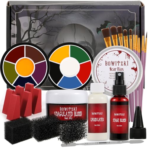 Bowitzki Halloween Makeup Kit Special Effect sfx Makeup,Liquid Latex+Scab Blood+Spray Blood+6 Colors Oil Based Face Paint+SFX bruise wheel+Skin Wax+Stipple Sponges+Latex free Sponges+Spatula+Brushes