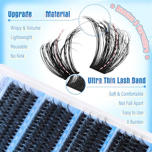 Lash Clusters Volume Eyelash Clusters 50D+60D+70D+80D Lashes Clusters 320pcs 4 Style Mix Wispy Cluster Eyelash Extension Thick DIY Individual Lashes D Curvature False Eyelashes, 10-16mm