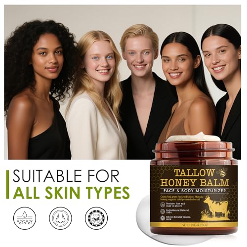 Beef Tallow for Skin, Beef Tallow for Face, Hydrating Tallow Balm with Raw Honey, Deeply Moisturizing for Face & Body, Whipped Cream Natural Care for Soft Supple