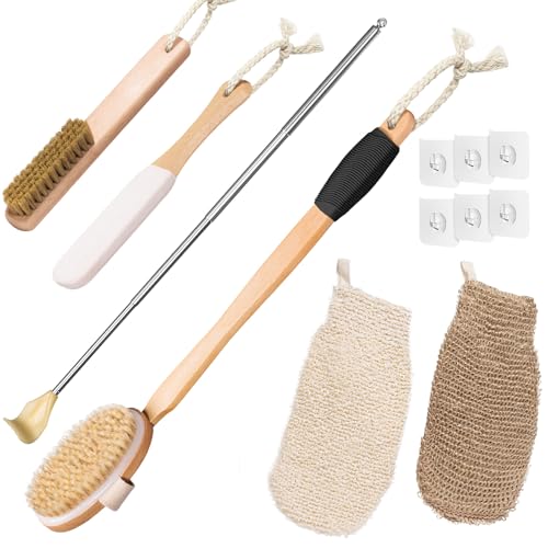 Wood Bath Brush,Long Handle Body Back Scrubber with Soft and Natural Bristles Antiskid Shower Brush Set for Bathroom Wet or Dry Exfoliating (6 Pack) (19.3''Long Handle)