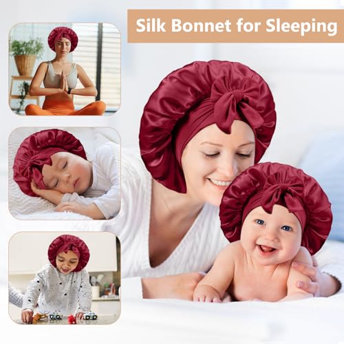 2 PCS Mommy and Me Bonnet Set,Silk Bonnet for Kids and Women,Satin Bonnets for Sleeping with Elastic Tie Band,Adjustable Hair Bonnets for Women Girl Kids Toddler Sleeping Caps(Red)