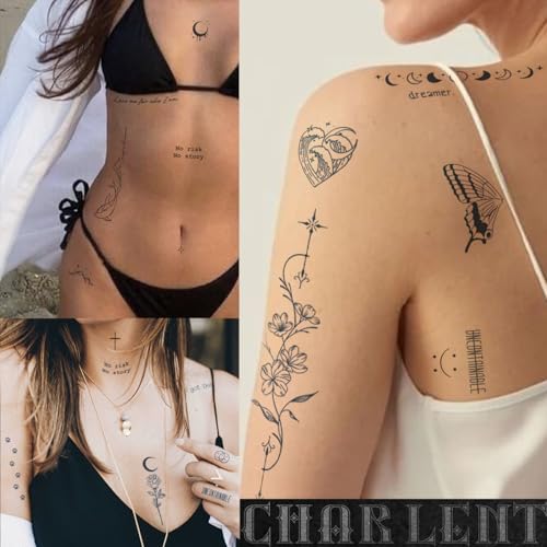 Semi-Permanent Tattoos for Adult - 2 Weeks Long Last Small Flower Words Tattoos for Women Men Hand Neck Body/Fades Naturally/No Reflection/Waterproof/Realistic, Minimal Line Art