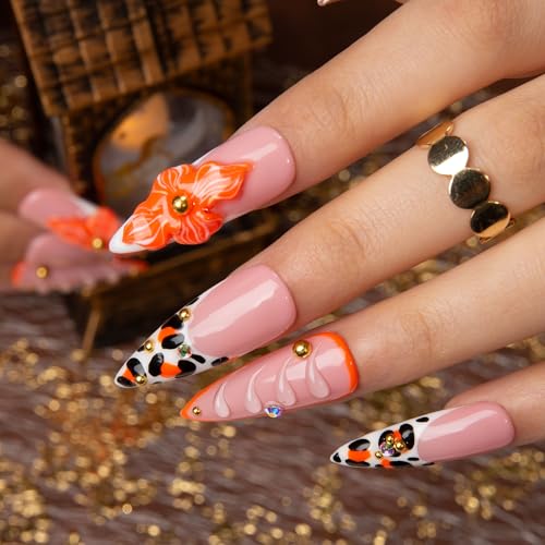 LOVFUL Press on Nails Tropical Sunset | Handmade with Full Covered Crystals | Reusable Full Cover Nails | Stiletto Classic Regular 1.3 in | H374-M