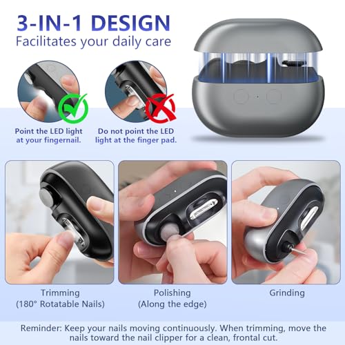 Electric Nail Clippers for Seniors, Automatic USB-C Rechargeable Nail Trimmer with LED Light & Quiet Motor, Easy-Grip Painless Fingernail Cutter for Home and Travel Use