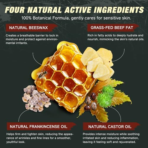 Handmade Tallow Balm with Organic Castor Oil & Frankincense, Beef Tallow for Skin, 100% Grass-Fed Tallow Moisturizer for Face & Body, Sensitive & Dry Skin Care, Natural Age-Defying Cream, 4.2 oz