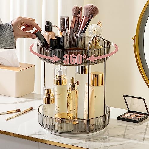 360 Rotating Makeup Organizer, Large Capacity Bathroom Organizer Countertop, 2 Tiers Make Up Organizers and Storage for Vanity, for Perfume, Skincare, Cosmetics, Lipsticks, Smoky Gray