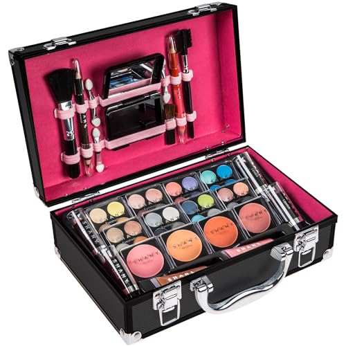 SHANY Carry All Make up Train Case with Pro Makeup Set, Beauty Brushes, Lipsticks, Eye Shadows, Blushes, Powders, and more - Reusable Cosmetics Storage Organizer - Premium Gift Packaging - Black