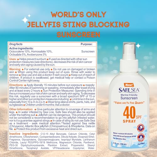 Safe Sea Jellyfish Sting-Blocking Sunscreen, SPF 40+ Spray 4 Fl oz, Waterproof, Biodegradable, Coral Reef-Safe ? Body and Face Sunscreen, Anti-Jellyfish and Sea-Lice sting protection.