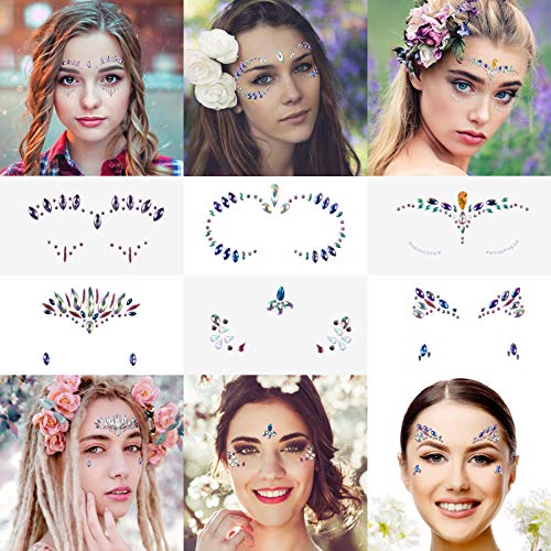 AOMIG Face Gems Glitter, 6 Pcs Rhinestone Face Glitter Stickers, Mermaid Face Jewels Stick On, Crystal Tears Gem Stones Eyes Face Body Temporary Tattoos Stickers for Christmas Makeup Gift