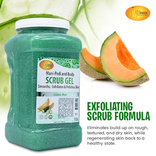 SPA REDI ? Exfoliating Scrub Pumice Gel, Cucumber Melon, 128 Oz - Manicure, Pedicure and Body Exfoliator Infused with Hyaluronic Acid, Amino Acids, Panthenol and Comfrey Extract