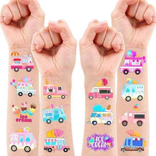 100 PCS Ice Cream Birthday Party Decorations Favors Supplies Temporary Tattoos Decor Ice Cream Truck Sweets Dessert Bar Stickers For Girls Boys Classroom School Prizes Reward
