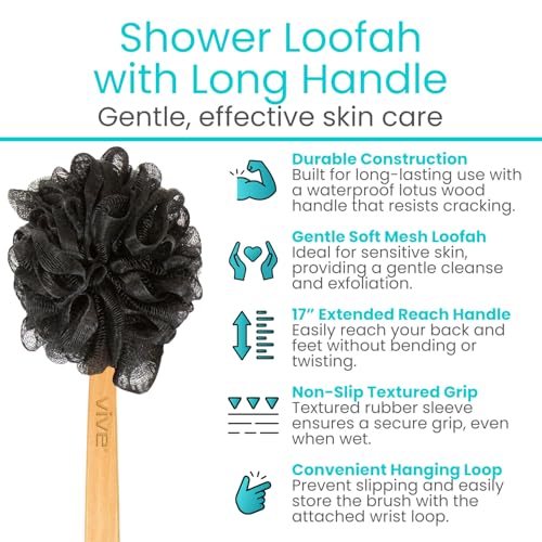 Vive 17¡± Shower Loofah with Long Handle - Exfoliating Back & Body Scrubber for Men & Women - Luffa Sponge on a Stick for Bathing, Cleaning - Includes Extra Handheld Lufa, Hook & String to Hang on Wall