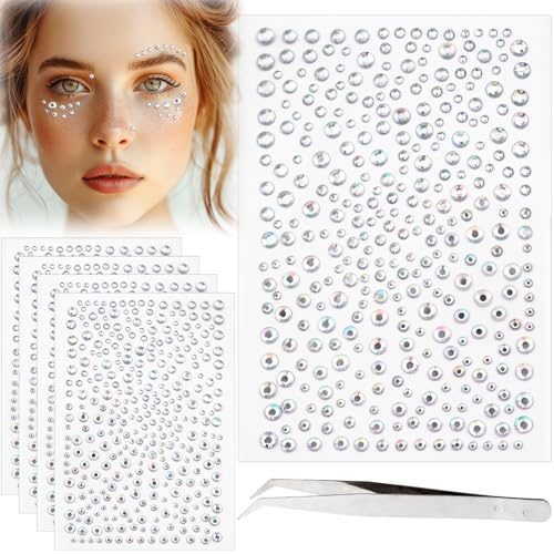 5 Sheets Self Adhesive Face Gems, Silver Rhinestone Stickers for Face, Stick on Pearls Jewels, Makeup Gems for Face, Hair, Eye, Nail, Body (3/4/5/6 mm)