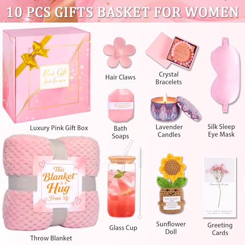 Birthday Gifts for Women Spa Care Package, Get Well Soon Gift Baskets Thinking of You Sympathy Gift, Self Care basket w/ Luxury Flannel Blanket 16 Oz Glass Mother Day Gifts for Her Sister Wift Friend