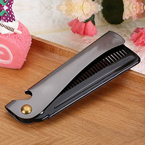 Pocket Folding Beard Comb Metal, Stainless Steel Moustache Comb with Smooth Round Teeth for Men Grooming and Beard Maintenance Tool (Black + Stainless Steel Plating)