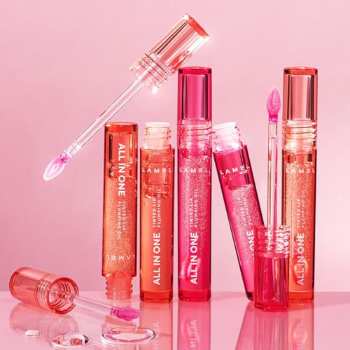 Lamel All-in-One Lip Oil - Lightweight, No-Sticky, Tinted, Plumping, Hydrating Lip Gloss - Lip Balm for Day & Night Use, Long-Lasting Lip Stain, Lip Glow Oil, Lip Plumper Tint - Pink Sparkle ¢à402