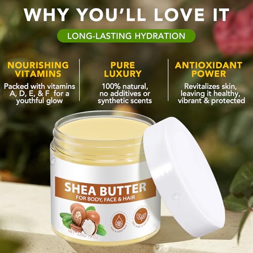 Unrefined Shea Butter Raw Organic - Vitamines A D E&F - Revitalizes Skin - Youthful Glow, Healthy Vibrant - Non-greasy, Moisture Lock, Deep Nourishment - Multi-use for Skin, Hair, Nail - 220g