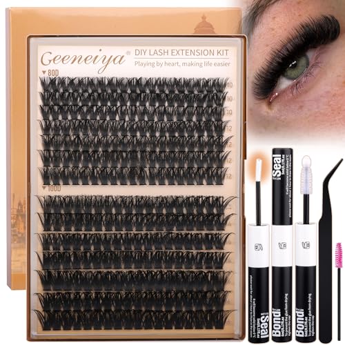 Geeneiya Volume Lash Clusters Kit DIY Lash Extension Kit D Curl Eyelash Extensions with White Lash Bond and Seal Waterproof Tweezers,10-16MM Cluster Lashes with White Lash Glue