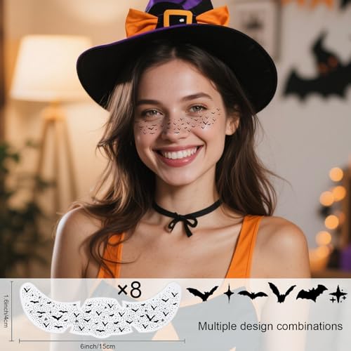 Halloween Bat Freckles Face Tattoos - Halloween Freckles Waterproof Black Bat Temporary Tattoos Patches Gothic Face Paint Makeup Kit for Women & Kids,Party Supplies Decorations Accessory-8Pcs