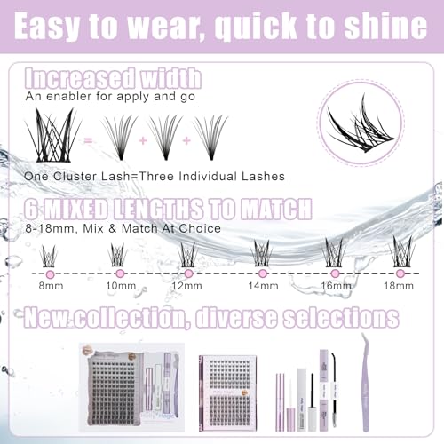 Molly Magic Aphrodite Lash Clusters Kit, Wispy Natural 8-18mm D Curl Individual DIY False Eyelash Extensions with Lash Bond and Seal, Thin Invisible Black Band