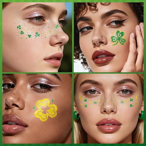 Cerlaza St Patricks Day Accessories, 40 Pcs St Patty's Day Glitter Gold Green Freckles Temporary Tattoos Shamrock Face Stickers, Saint Patricks Party Decorations Outfit Accessories for Women Kids