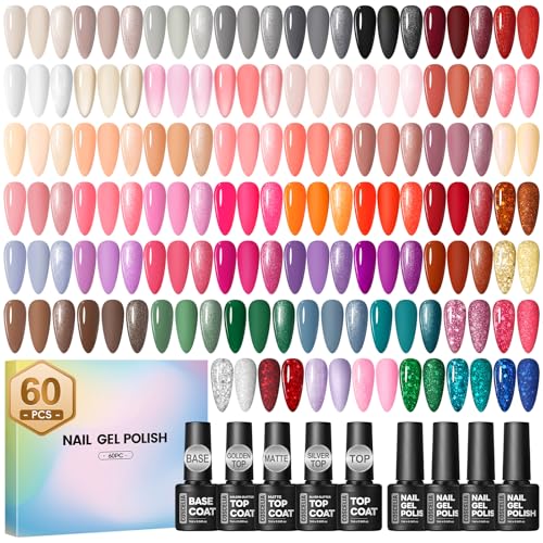 COSCELIA 60 PCS Gel Nail Polish Set, 55 Colors Gel Nail Polish with 5pcs Top Base Coat All Seasons Nail Polish Kit Winter Spring Full Colors Manicure Nail Art Gifts for Women Girls