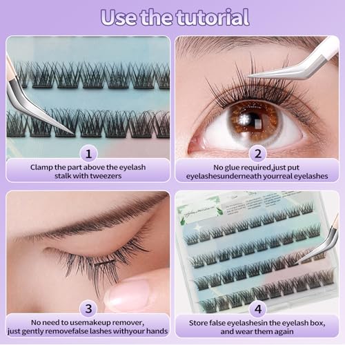 Press On Lashes Self Adhesive Lash Extensions Glue Free False Eyelashes 10-16mm Natural Look Individual Clusters, No Glue Needed Reusable Lashes for Daily & Party(S model)