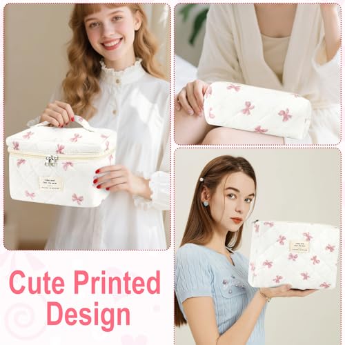 3Pcs Cotton Quilted Makeup Bag for Women Extra Large Coquette Small Floral Travel Cosmetic Bag Set Aesthetic Cute Bow Makeup Pouch Portable Toiletry Bag Puffy Essential Storage Organizer