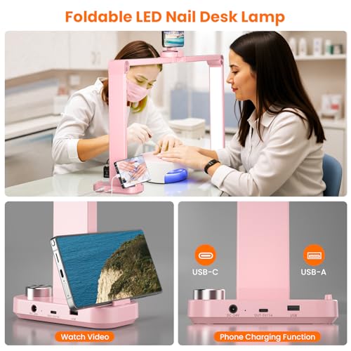 Nail Light for Desk,34 Inch 48W Half Moon Light-Adjustable 3000K-6000K Color Temp, 0-100% Brightness,Nails lamp with Phone Stand,for Nails Art,Tattoo,Eyebrow,Beauty,Reading,Salon