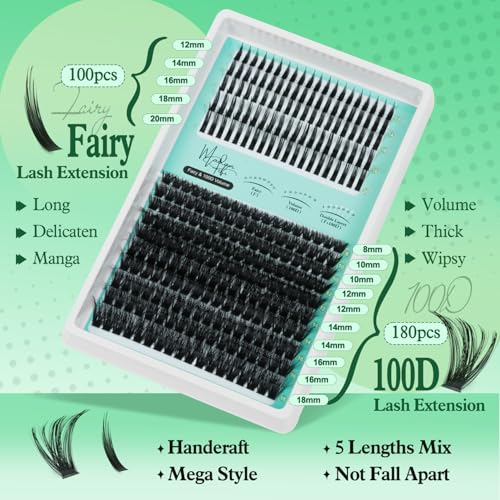 Lash Clusters Kit, 100D Long Lash Clusters & Spiky Manga Lashes,Volume Individual Eyelash Extensions with Bond & Seal, DIY Fluffy Cluster Lashes for Fairy/Dramatic Look