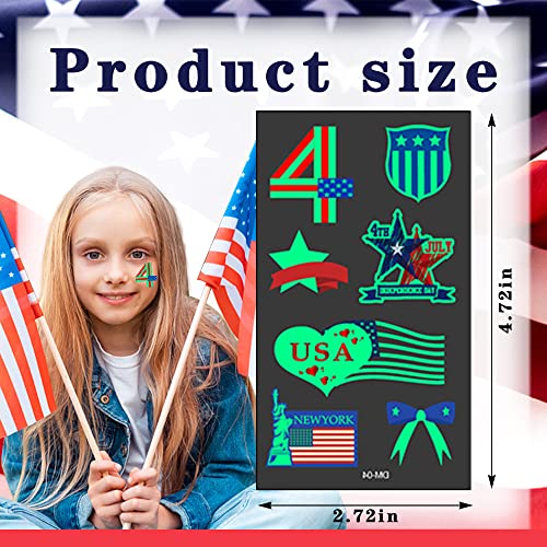 ALIBBON 10 Sheets Glow in the Dark Patriotic Tattoos, 4th of July Temporary Tattoos, American Flag Tattoos, Red White and Blue Party Supplies for Independence Day Labor Day Veterans Day