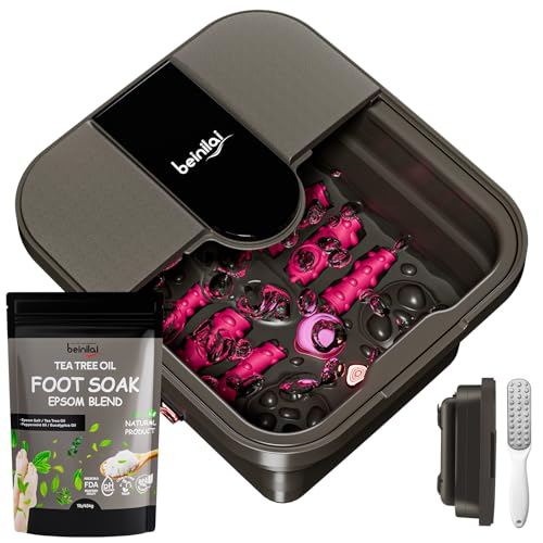 Beinilai Collapsible Foot Spa Bath with Heat,Bubble,Massage Rollers, Tea Tree Oil Foot Soak with Epsom Salt, Pedicure Foot File, Red Light,Removable Pumice Stone,Pedicure Foot Spa