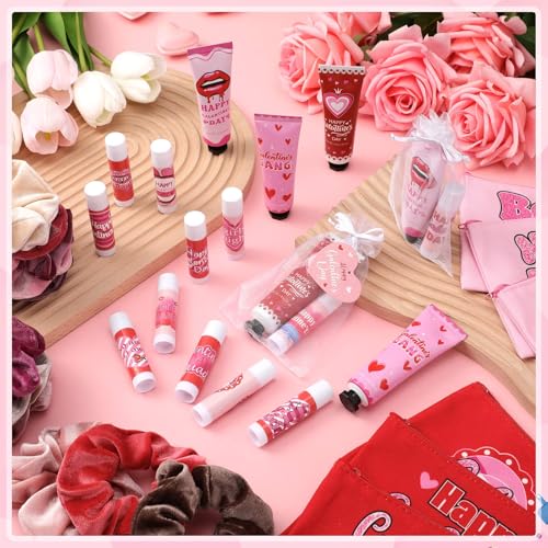 12 Sets / 72 Pcs Valentine's Galentine's Day Gifts Travel Size Hand Cream for Dry Cracked Hands and Lip Balm, Makeup Bag, Hair Scrunchies Bulk Set with Organza Bag Heart Gift Card for Women