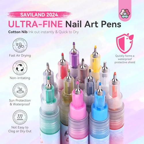 Saviland Nail Art Supplies Kit: 12 Colors 0.5mm Nail Polish Pens for Nail Art & PU Leather Nail Polish Organizer Bag Holds 30 Bottles, Nail Lamp & Manicure Tools