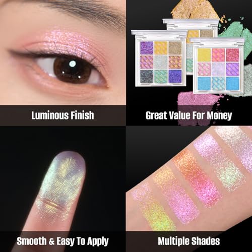 9 Color Multichrome Eyeshadow Palette,Sparkling Chameleon Glitter Shifting Eye Shadow, High Pigmented Waterproof Long-Lasting Vegan Makeup Palette (01) (02)