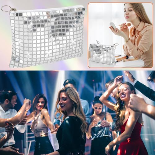 10 Pcs Disco Cosmetic Bags for Women 7.8 x 6.6 Inch Disco Makeup Bags Bachelorette Party Favors Bag Silver Sequins Makeup Bag Purse with Zipper for Bridal New Years Eve 70s 80s 90s Party Decorations