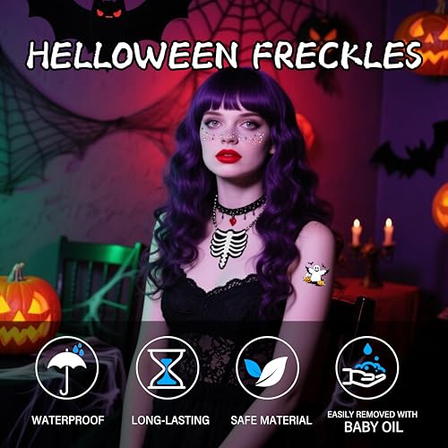 20 Pcs Halloween Face Gems Glitter Freckles Tattoos - Waterproof Face Jewels with Pumpkin Ghost Designs - Sparkling Face Makeup Stickers for Women, Kids, Party & Rave Supplies
