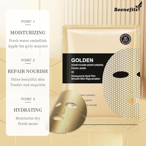 10 Packs Golden Honeycomb Moisturizing Facial Mask, Deep Hyrating Spa Masks with Honeycomb Design for All Skin Types, Gift for Wife' Birthady Party, Girl's Night, Enjoy Skincare Life