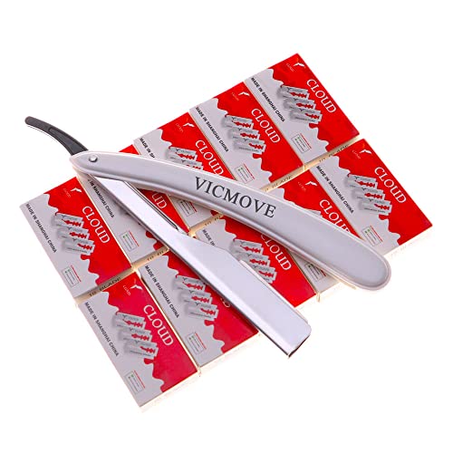 Professional Barber Straight Edge Razor Safety with 200-Pack Derby Blades - 100 Percent Stainless Steel - by VICMOVE (1 razor + 200 blades)