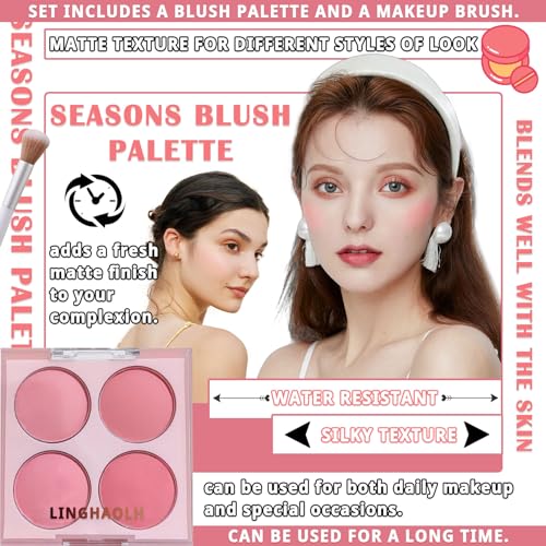 4 Colors Blush Palette for Cheeks,Face Matte Contour Blush Makeup Palette,Buildable Shimmer Facial Cheek Blusher Shades,Blendable Cosmetic Makeup Blush with Blush Brush 01