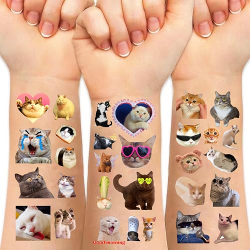 75 PCS Cat Tattoos,Cute Funny Cat Meme Temporary Tattoo,Waterproof Animal Fake Tattoo Stickers,Kitty Birthday Decorations Party Supplies Favors Gifts Q734