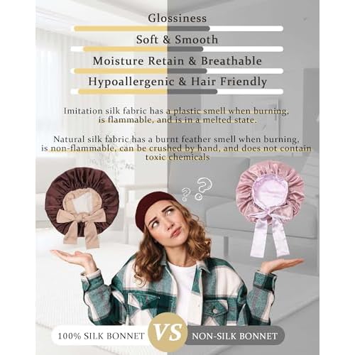 100% Mulberry Silk Bonnet for Sleeping Women Double Layer Silk Hair Bonnet Natural Silk Sleep Cap with Elastic Reversible Hair Wrap (Coffee + Champagne)