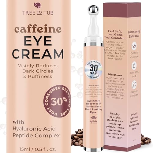 Tree to Tub Caffeine Eye Cream - Hydrating & Firming Under Eye Cream for Dark Circles, Eye Roller for Puffy Eyes, Reduces the Look of Puffiness and Bags, Coffee Eye Cream w/Hyaluronic Acid, Peptides