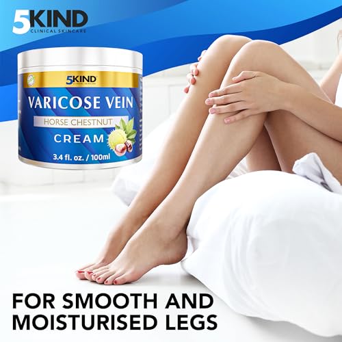 Varicose Veins Treatment for Legs 3.4 Fl Oz - Horse Chestnut Cream for Varicose Veins with Zinc, Avocado & Arnica - Improve the Appearance & Feel of Varicose Veins - Varicose Veins Cream by 5Kind