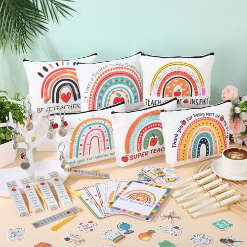 Teacher Appreciation Gifts in Bulk, 31 Pcs Teacher Gifts Thank You Gifts for Teachers from Students Includes Canvas Makeup Bags Teachers Keychains Bookmarks Ballpoint Pens Appreciation Cards Stickers